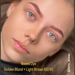 Female model showing colour combination using Noemi hybrid dye in golden blond and light brown.