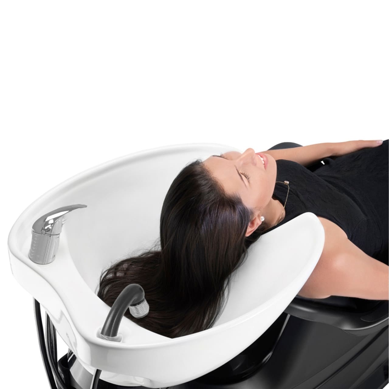 Woman with head on Joiken Berlin Shampoo Unit in Black - Luna Beauty Supplies