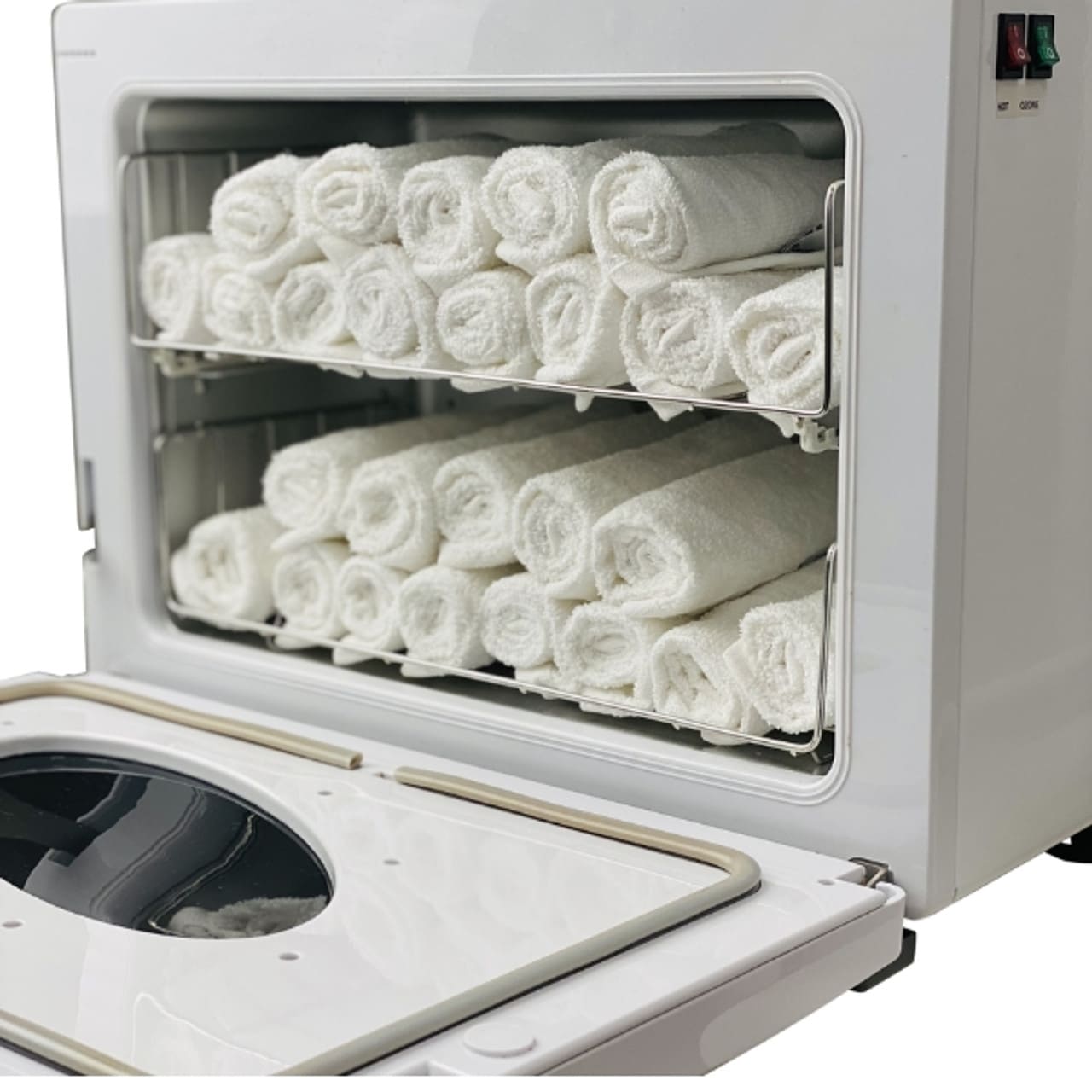 Joiken Opal hot towel cabinet ozone showing towels inside - Luna Beauty Supplies