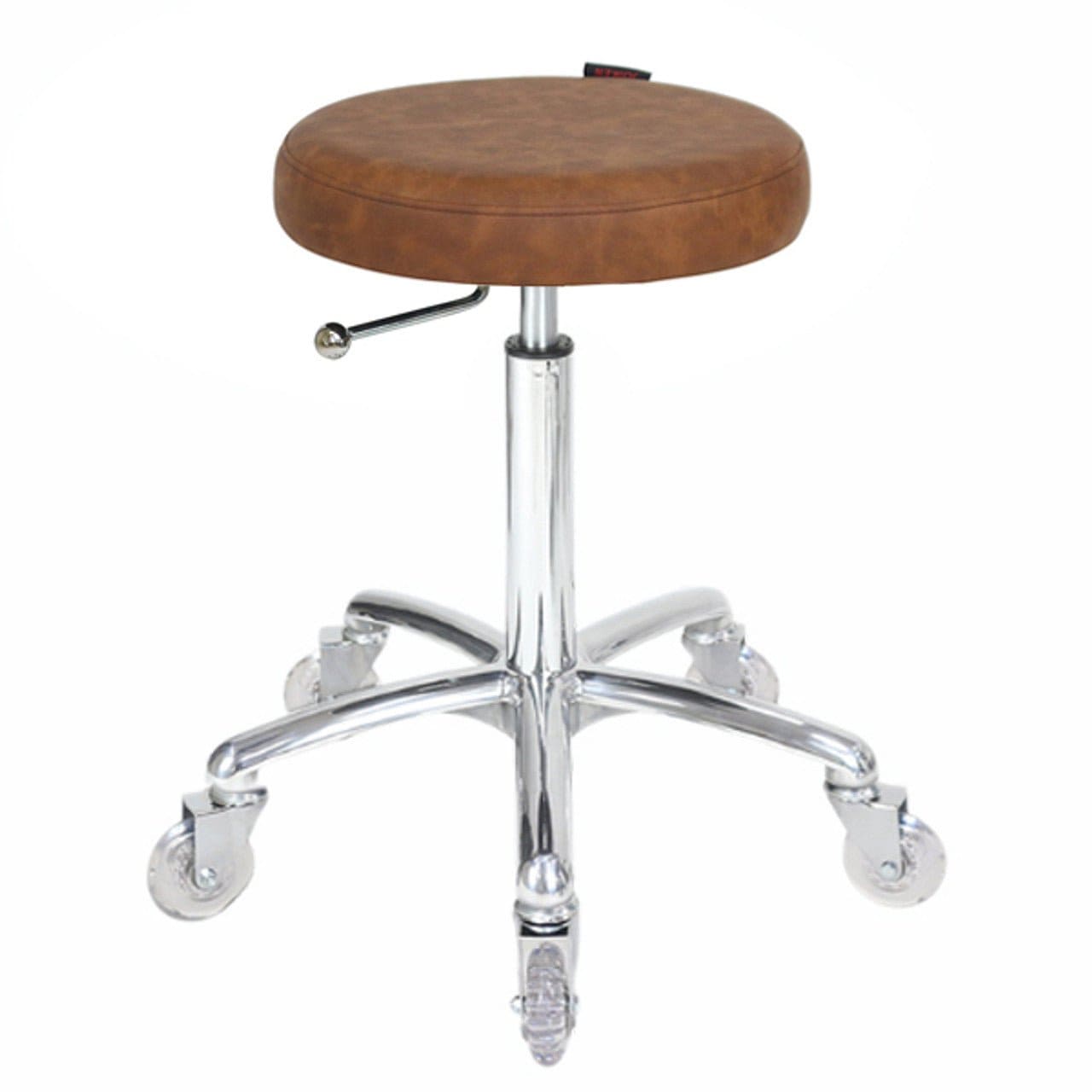 Joiken Turbo salon stool with tan seat and chrome legs clear wheels - Luna beauty Supplies