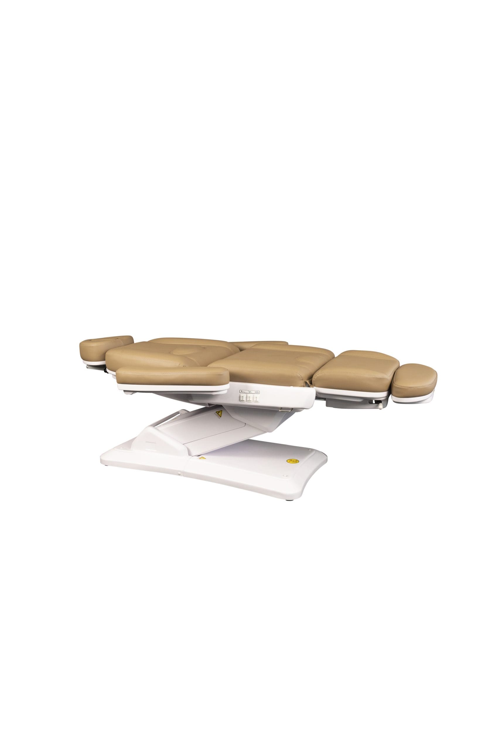 Karma Christchurch electric beauty salon bed sand colour back and leg rest fully flat and extended - Luna Beauty Supplies
