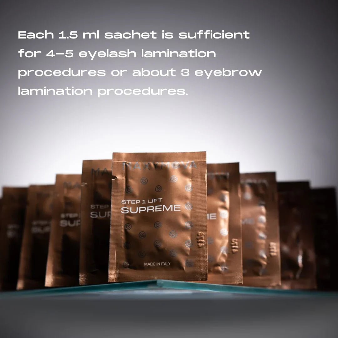 3-4 treatments with Maxymova Step 1 Lift Supreme brow and lash lamination system in 1.5ml sachets 