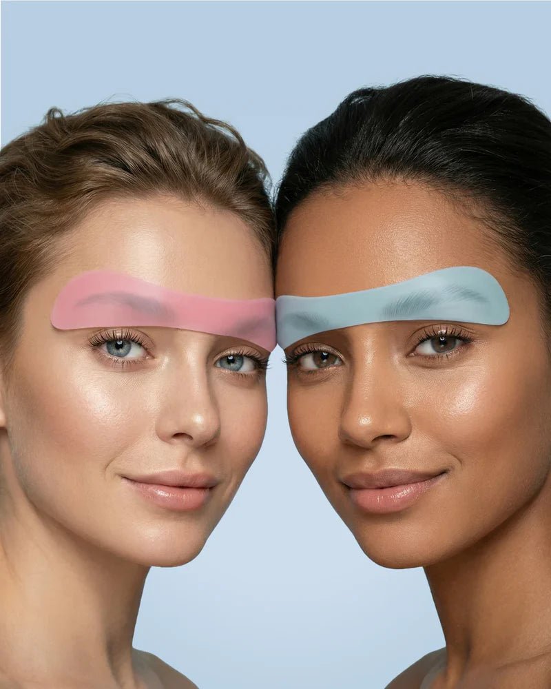 Two models wearing My Lamination reusable silicone brow covers in pink and light blue during a professional brow lamination treatment.