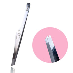 Tip close up of oko 02 easy touch slanted tip tweezers  silver - luna beauty supplies