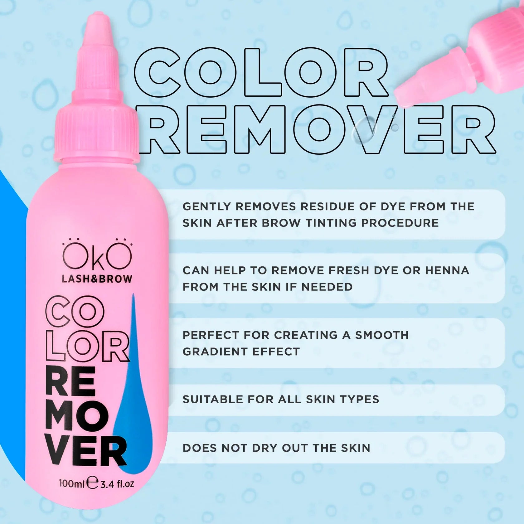 Benefits of OKO Lash & Brow colour remover 100ml bottle - Luna Beauty Supplies