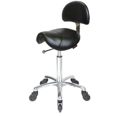 JOIKEN - SADDLE STOOL WITH BACK - BLACK & CHROME (Choose Wheels) - Luna Beauty Supplies