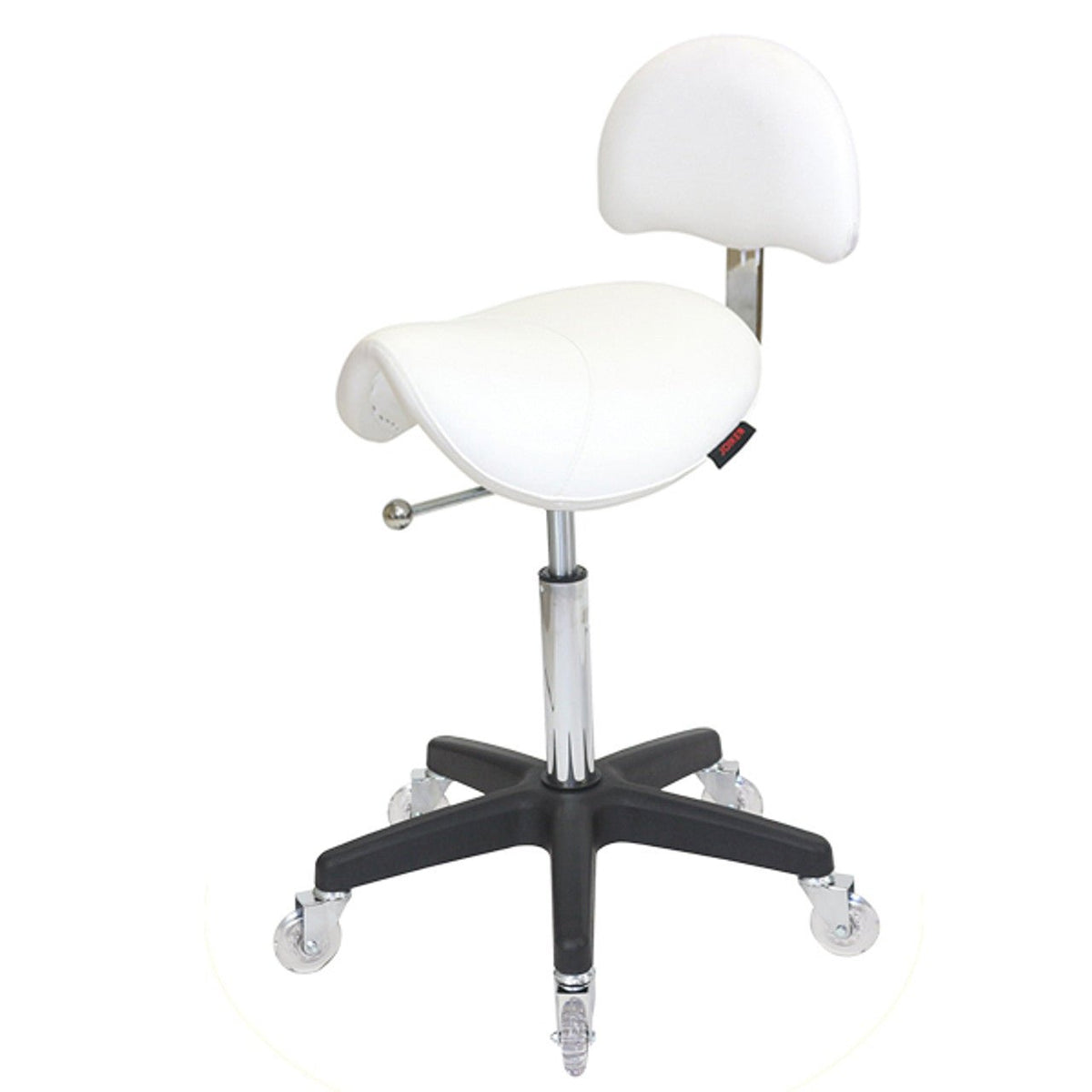 JOIKEN - SADDLE STOOL WITH BACK - WHITE & BLACK BASE (Choose Wheels) - Luna Beauty Supplies