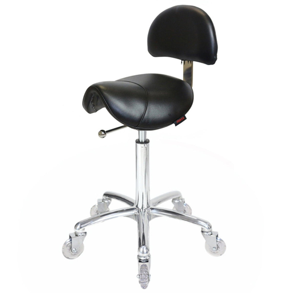 JOIKEN - SADDLE STOOL WITH BACK - BLACK & CHROME (Choose Wheels) - Luna Beauty Supplies