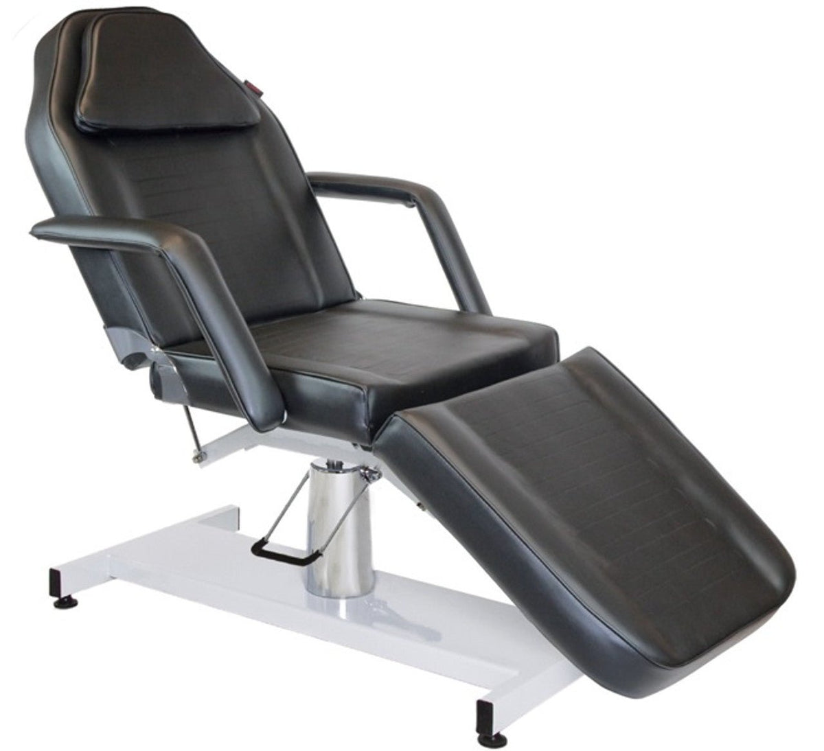 Black Joiken hydraulic beauty bed demonstrating the reclining backrest, removable armrests, and sturdy chrome foot pump base for manual height adjustment positioned upright.